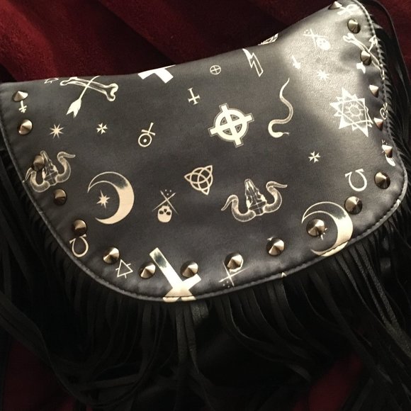 Vintage Handbags - SULLEN / BLACK SYMBOLIC, DISTRESSED FAUX LEATHER BAG WITH 10 INCH FRINGE FLAP